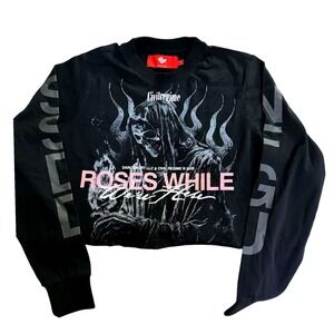 Civil Regime Darc Sport Roses While We're Here Cropped Long Sleeve Tee Black M